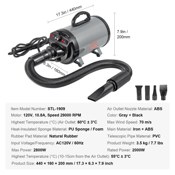 2000W/2.7HP Dog Blow Dryer Adjustable Speed Temperature Control